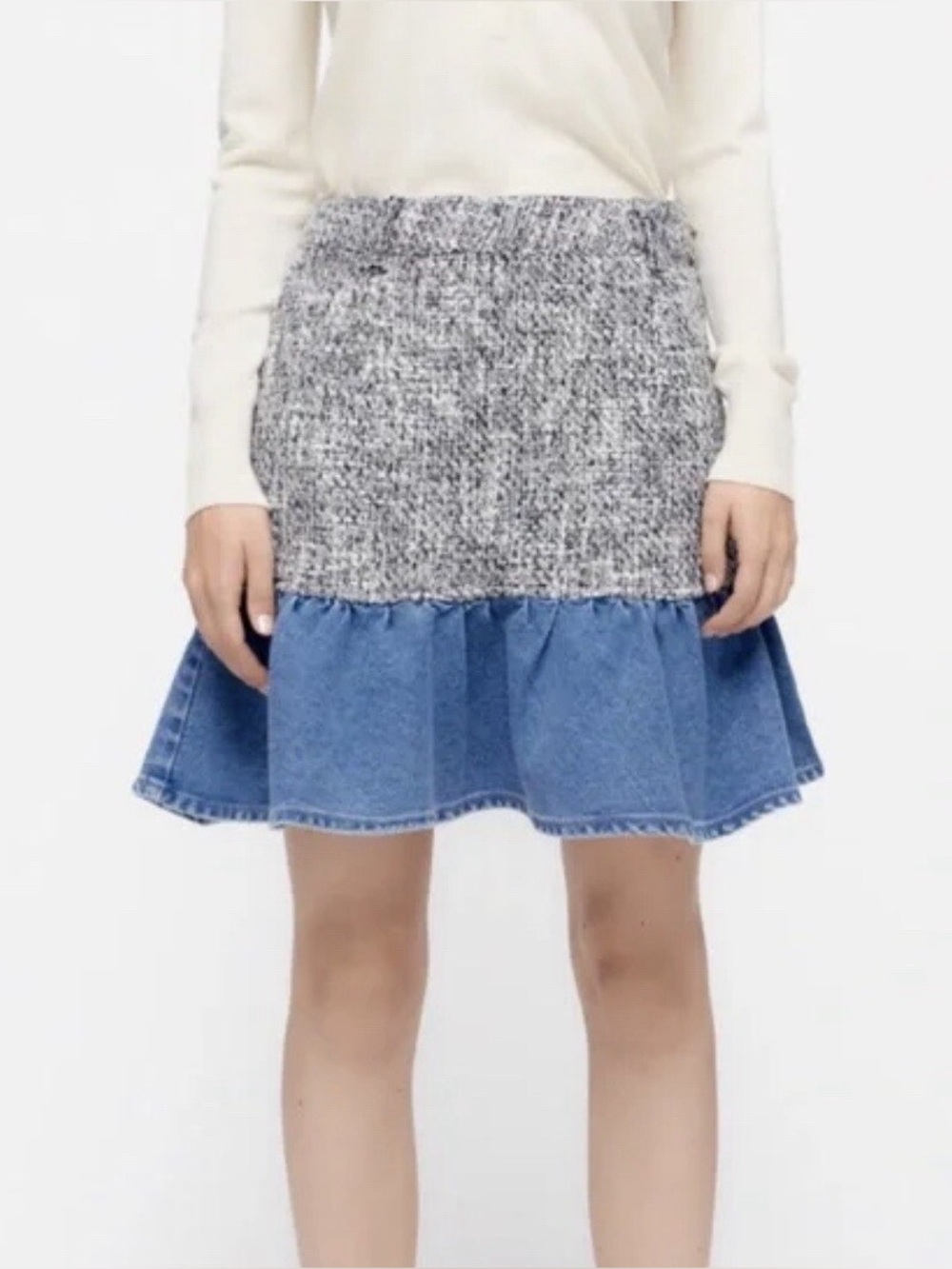 NWT Zara Textured Tweed & Denim Ruffle Mini Skirt | Size M